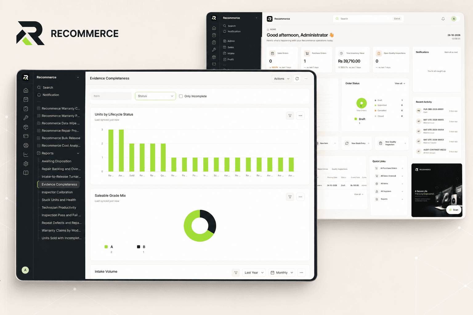 Recommerce evidence completeness report with lifecycle and grade charts beside a workspace view.