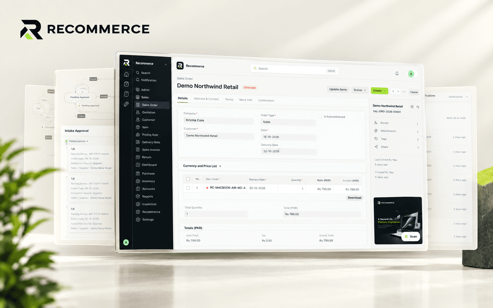 Recommerce sales order workspace showing a demo order, its order lines, totals and related activity.