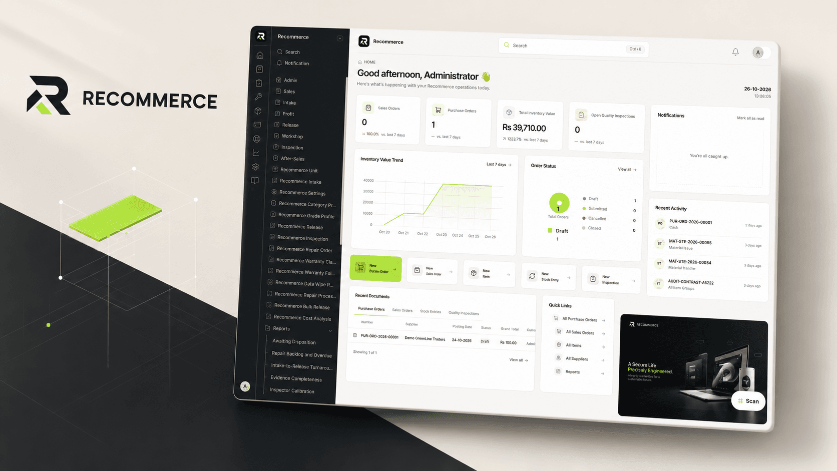 Recommerce home dashboard with inventory, stock and order summaries alongside the product navigation.