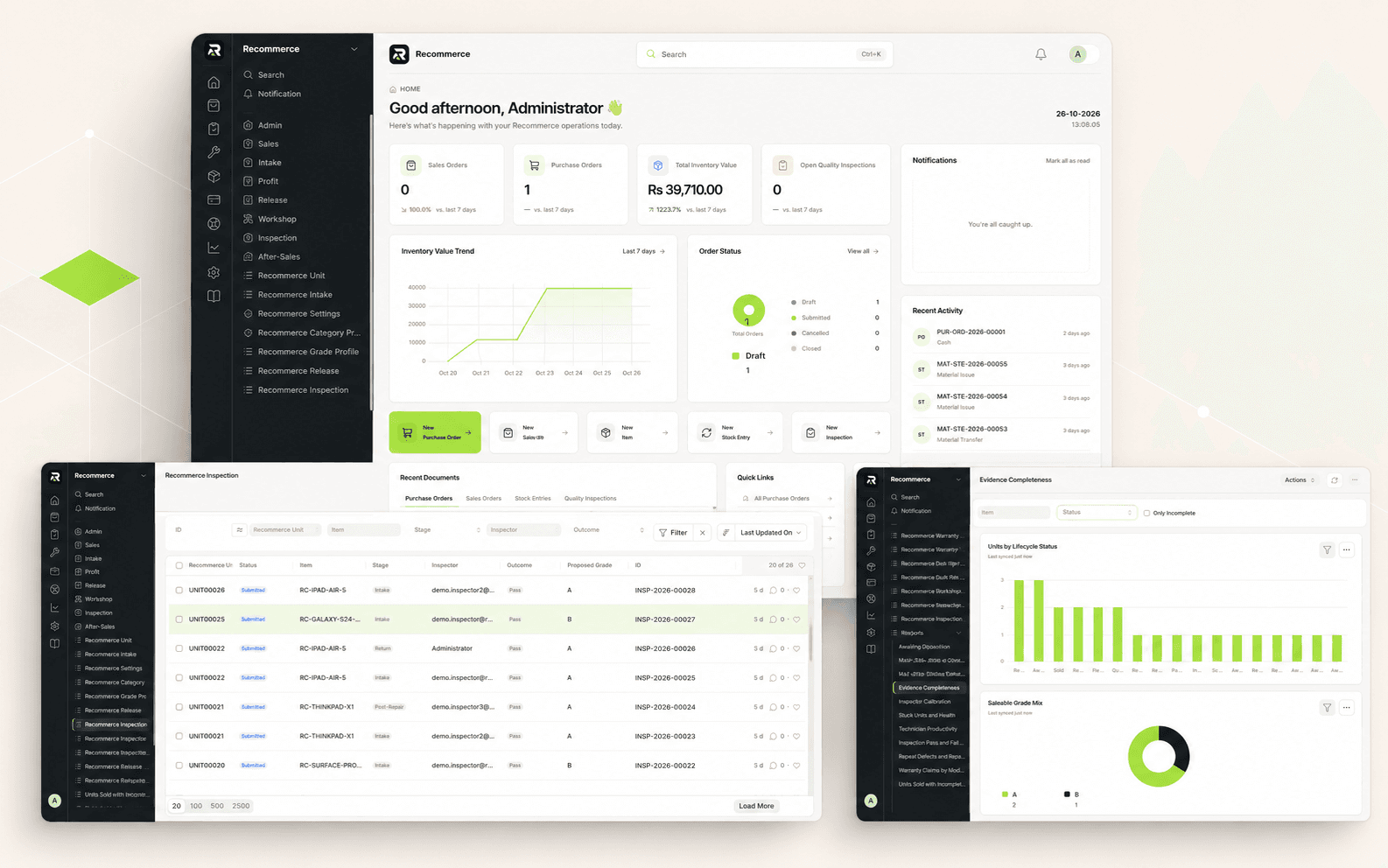 Recommerce workflow views: a dashboard, an inspection record list and an evidence completeness report.